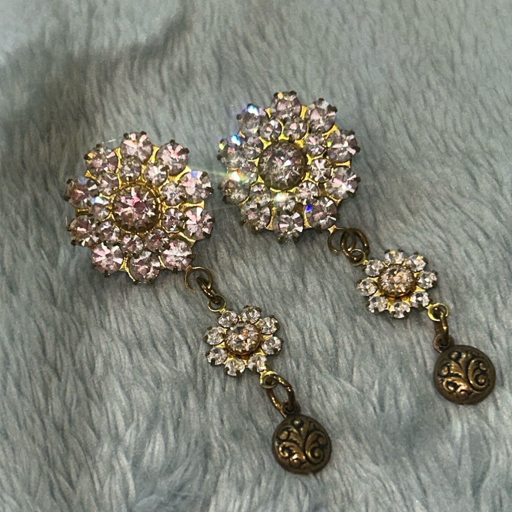 Antiqued Gold and Crystal Drop Earrings-Boutique